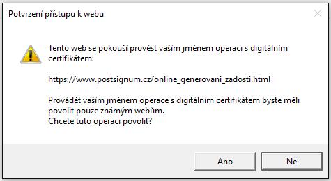 Označíte možnost Potvrzuji, že jsem se seznámil s pokyny pro generování žádosti o vydání certifikátu (viz obrázek níže bod 3.