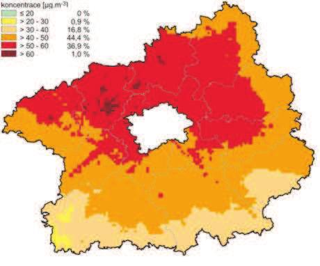 Střední Čechy překračuje imisní limit, přičemž 1 % území (Kladensko) jej překračuje o více než 10 µg.m -3.