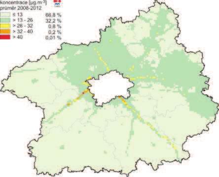 Obrázek 27: Pole průměrné roční koncentrace NO 2, zóna CZ02 Střední Čechy, pětiletý průměr za roky 2007-2011 Zdroj dat: ČHMÚ Obrázek 28: Pole průměrné