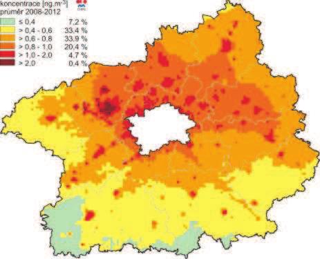 Obrázek 31: Pole průměrné roční koncentrace B(a)P, zóna CZ02 Střední Čechy, pětiletý průměr za roky 2007-2011 Zdroj dat: ČHMÚ Obrázek 32: Pole průměrné