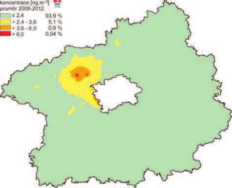 Obrázek 36: Pole průměrné roční koncentrace As, zóna CZ02 Střední Čechy, pětiletý průměr za roky 2008-2012 Zdroj dat: ČHMÚ Shrnutí Z celorepublikového pohledu vyvstává problém s překročením imisního