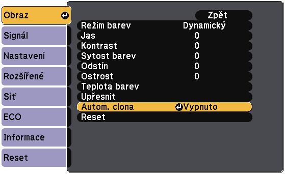 Režim brev 50 b Stiskněte tlčítko [Menu] n ovládcím pnelu nebo n dálkovém ovldči. d Vyberte položku Autom. clon stiskněte tlčítko [Enter]. c Vyberte nbídku Obrz stiskněte tlčítko [Enter].