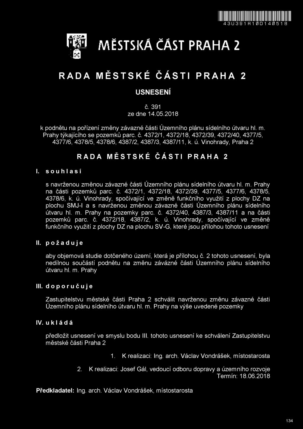 č. 4372/18, 4387/2, k. ú. Vinohrady, spočívající ve změně funkčního využití z plochy DZ na plochu SV-G, které jsou přílohou tohoto usnesení II.