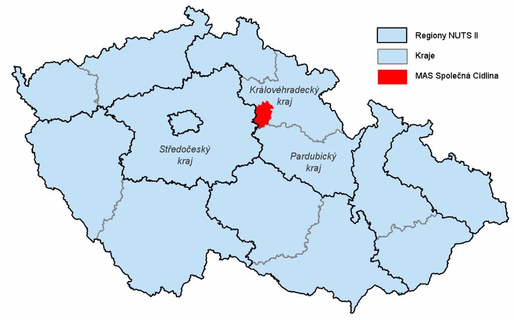 Sledované území Místní akční skupiny (MAS) Společná Cidlina se nachází na 313,4 km 2 rovinaté oblasti východních Čech v jihozápadní části Královéhradeckého kraje v okolí měst Chlumec nad Cidlinou a