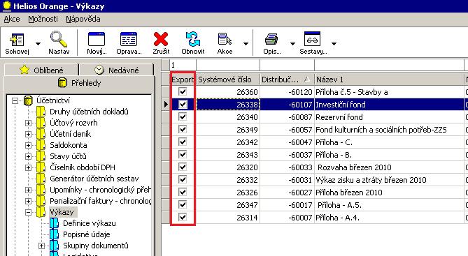 Důležité upozornění: Mějte označené jenom ty výkazy, které se mají exportovat výkazy, které jste odeslali již minulý měsíc, musíte