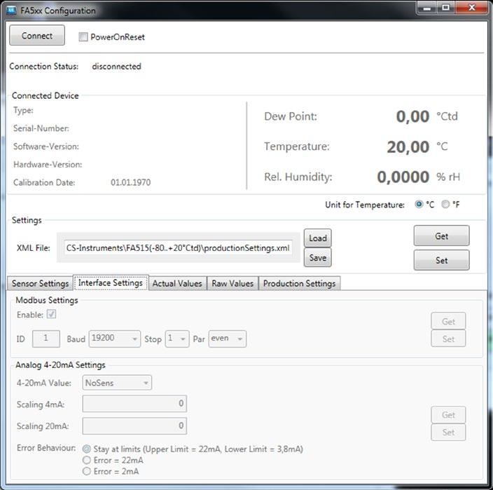 Software CS Service Senzory rosného bodu FA 510/FA 515/FA 500 mohou být konfigurovány pomocí software CS Service a USB-Modbus interface adaptéru přes laptop/počítač.