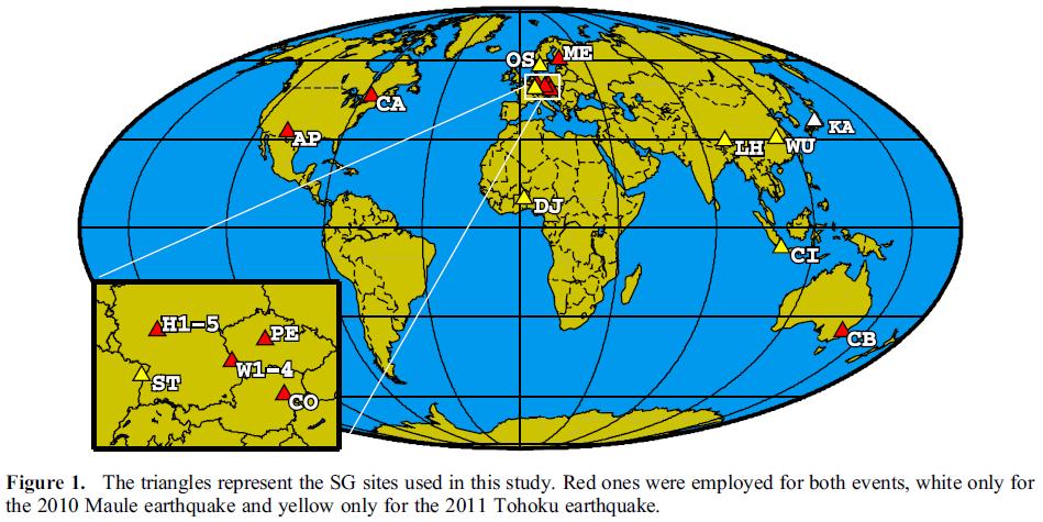 Radiální kmity Maule 2010, Tohoku 2011 0S0 450h záznamu, 1S0 170h záznamu PS1 Global CMT Solution PS2 USGS Centroid