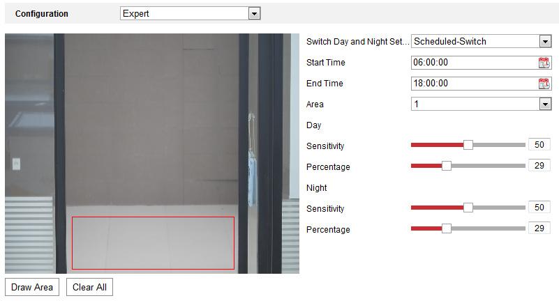 Obrázek 10 5 Odborný režim detekce pohybu Vypnuté přepínání režimů den/noc 1. V režimu normální konfigurace nakreslete oblast detekce. Je podporováno až 8 oblastí. 2.