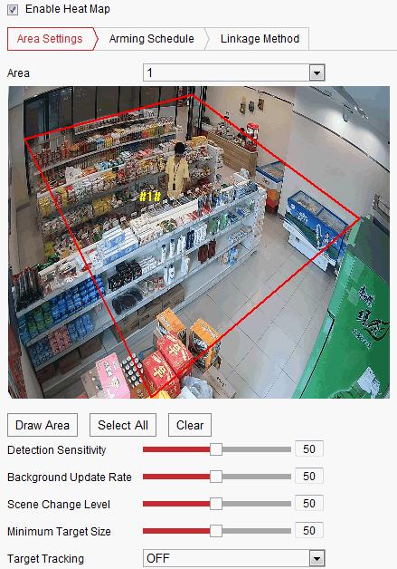 1. Přejděte do okna konfigurace tepelné mapy: Configuration > Heat Map. Obrázek 10 35 Konfigurace tepelné mapy 2. Zaškrtnutím zaškrtávacího políčka Enable Heat Map tuto funkci povolte. 3. Přejděte na kartu Area Settings a nakreslete oblast detekce.