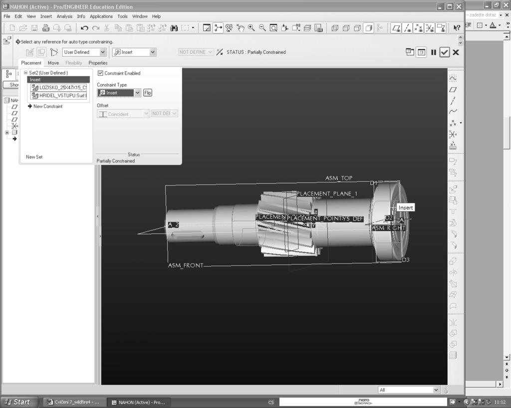 Vložte díl - lozisko_25x47x15_csn024720a ( Insert, Component, Assemble ). V řádku menu použijte jako první vazbu Insert a vyberte plochu díry ložiska a válcovou plochu hřídele (sjednocení os).