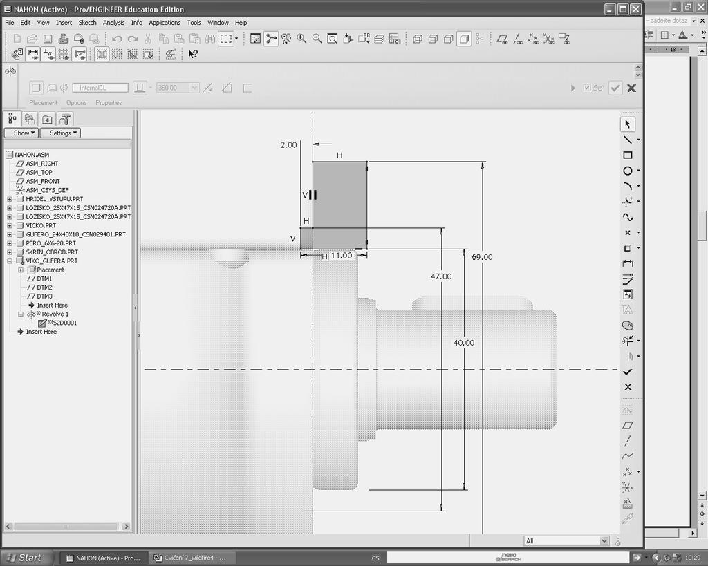 Status vložení musí být Fully Constrained. Zatržítkem v řádku menu zakončete vložení. Stejně vložte druhé lozisko_ 25x47x15_csn024720A i gufero_24x40x10_csn029401.