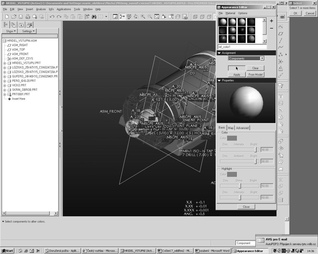 zmáčknutým CTRL osu A1 a průměr 57. Potom Pattern podle Axis - 5 děr, úhel 360/5.