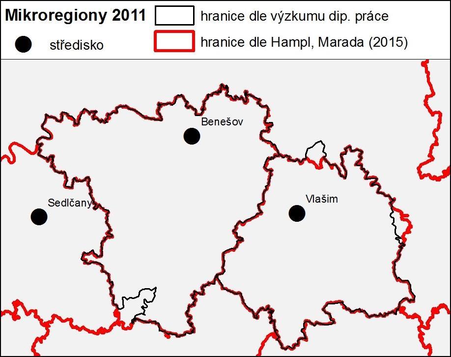 Obr. 12: Srovnání hranic sociogeografické regionalizace 2011 na základě celkové (komplexní) dojížďky Zdroj: Hampl, Marada (2015), vlastní výzkum Jak jíž bylo zmíněno výše, tak hranice mikroregionu