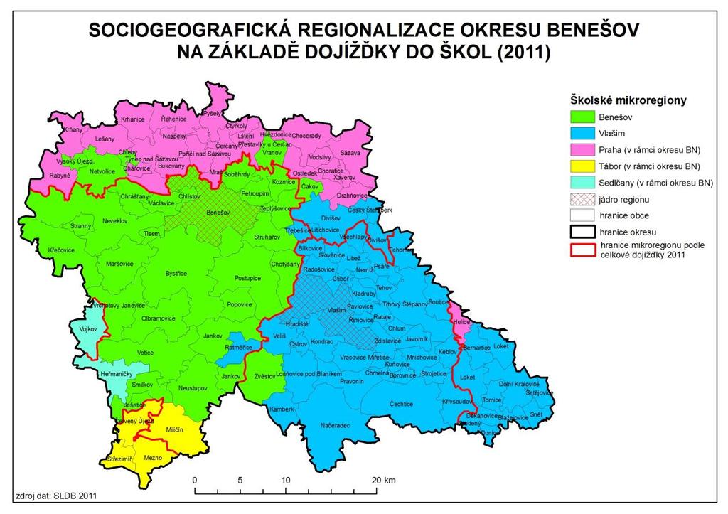 Obr. 13: Sociogeografická regionalizace okresu Benešov na základě dojížďky do škol 2011 Zdroj: vlastní zpracování Srovnáme-li pak sociogeografickou regionalizaci na základě komplexní dojížďky a