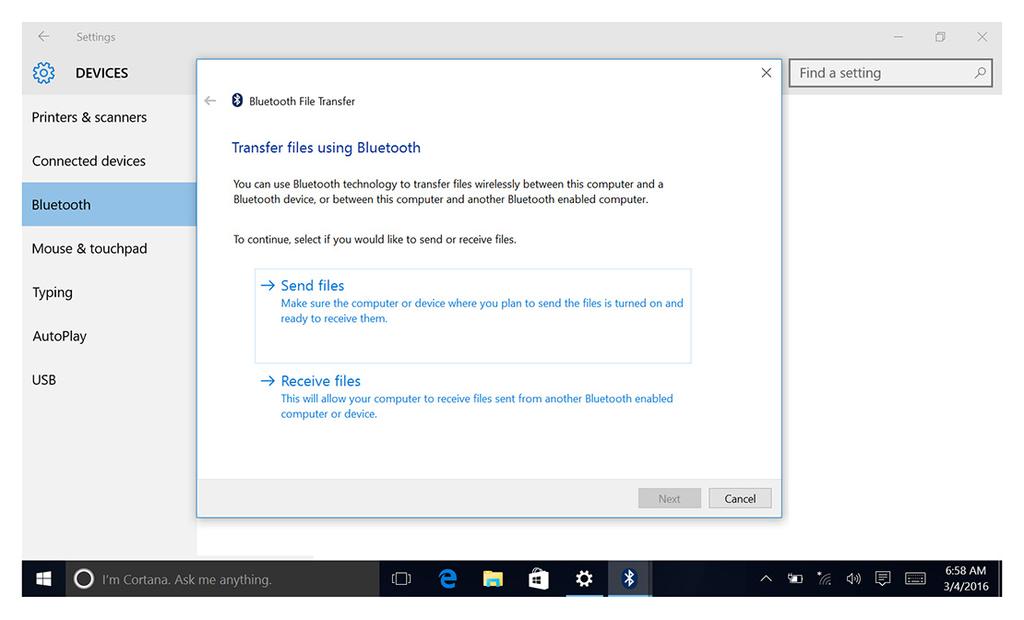 5 V okně Přenos souborů Bluetooth klikněte na možnost Odeslat soubory a vyberte požadovaný soubor.