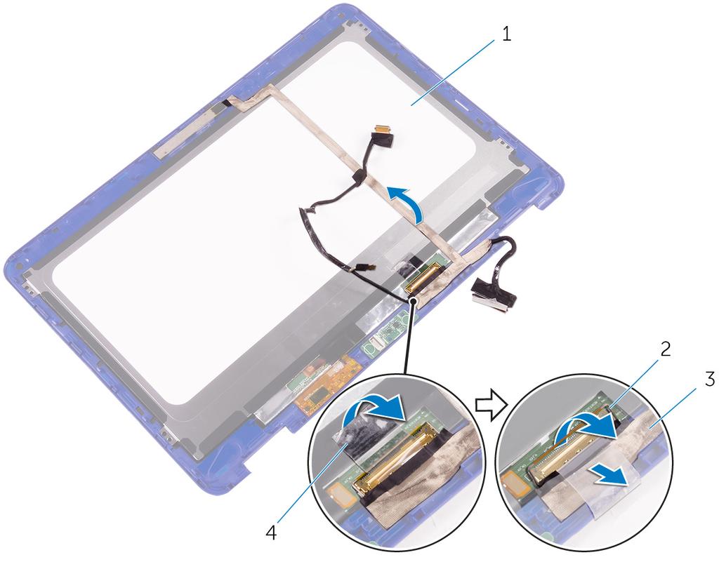 4 Sloupněte pásku, kterou je připevněn kabel displeje k panelu displeje. 1 panel displeje.