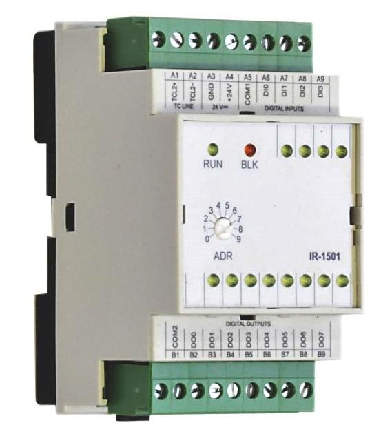 modulů PLC určený k montáži na DIN lištu do rozváděče. Je možné jej připojit napřímo k centrální řídící jednotce. Adresování je přes TCL2 sběrnici pomocí přepínače adres na čelním panelu.