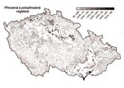 Levý obrázek zachycuje invadovanost všech biotopů, v pravém obrázku jsou vypuštěny plochy s ornou půdou a sídla, která jsou nejvíce invadována, a stupnice je přeškálována.