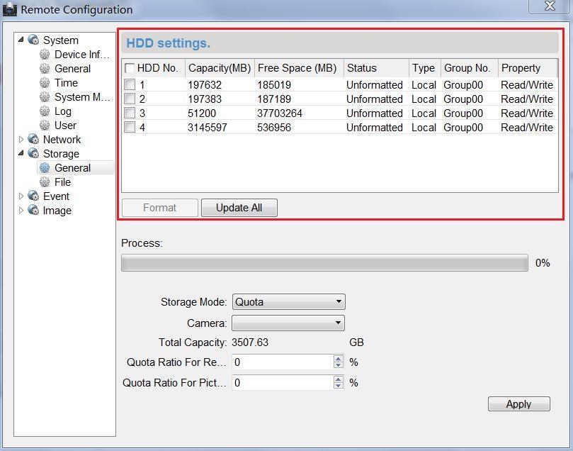 9.4.2 Formátování HDDs Hard disky úložného serveru musí být formátovány pro zachycené uložení obrazu. Kroky: 1. Ze seznamu vyberte přidaný úložný server a klikněte na Dálková konfigurace. 2.