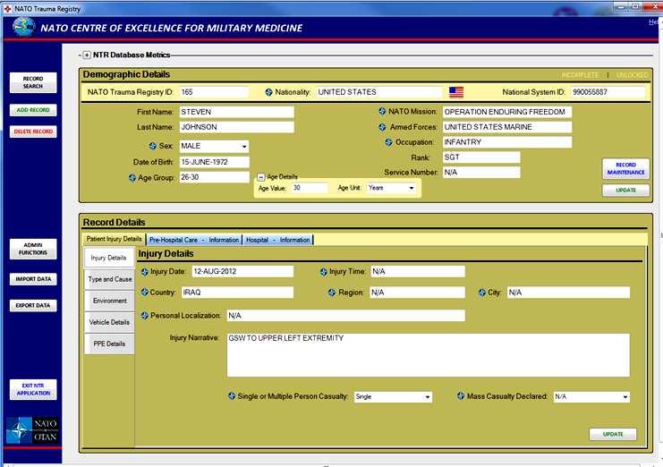 6 Zpravodaj vojenského zdravotnictví č. 1/2014 Databáze je založena na platformě MS SQL Serveru a byla vytvořena ve dvou uživatelských verzích, národní a koaliční.