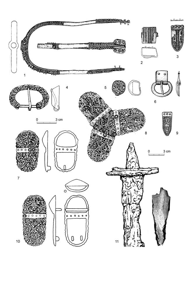 Fig. 2. Part of the funerary equipment of a nobleman from Kolín Součkova cihelna. Carolingian imports from after the mid-9th century, niello-inlaid sword belt fittings.