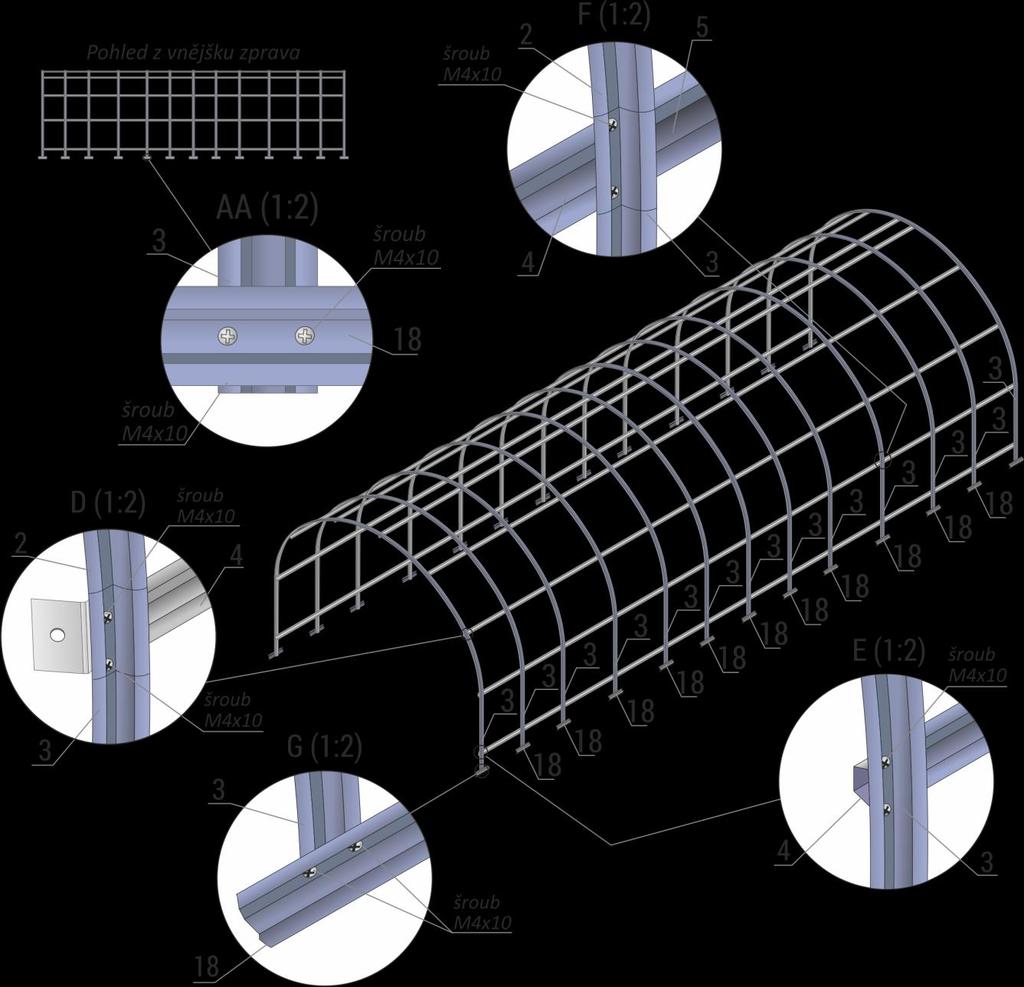 K obloukům připevníme svislé a vodorovné profily - postupujeme podle Obr. 3: a) U sestavené střechy (oblouková konstrukce) přišroubujte jedním šroubem M4x10 na konce obloukových profilů č.