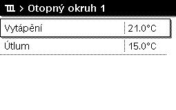 Obsluha hlavního menu 5 Obsluha Výsledek Nastavení požadované teploty prostoru pro provoz vytápění a útlumu/práh útlumu v automatickém provozu Stiskněte tlačítko menu pro otevření hlavního menu.