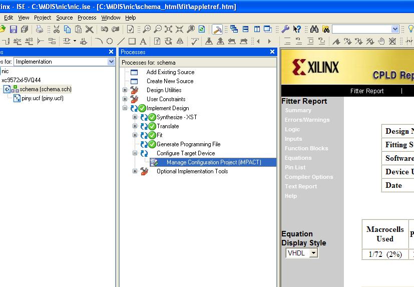 5 Implementace elektrického schématu do cílového obvodu (LPT kabel) a. V Okně procesů najděte položku Generating Programming File a dvojitým kliknutím spusťte. Proběhne zkompilování projektu.