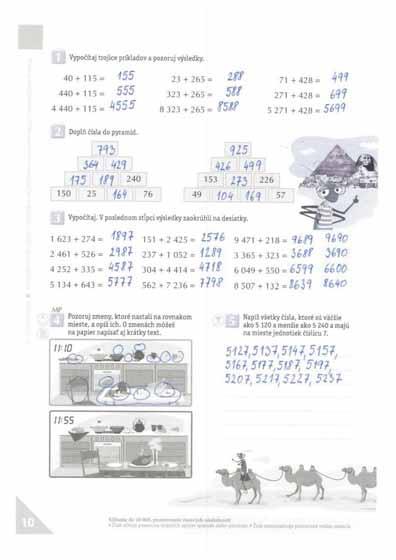 10. strana: Témy, pojmy, procesy: opakovanie: čísla do 10 000, sčítanie, zaokrúhľovanie, cyklické usporiadanie meranie času (hodiny dňa), násobky čísel, porovnávanie, pojmy: väčšie, menšie; pomocné: