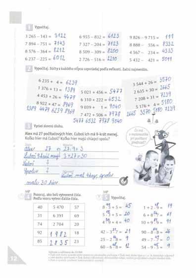 12. strana: Témy, pojmy, procesy: opakovanie: čísla do 10 000, sčítanie a odčítanie, usporiadanie čísel, porovnávanie, slovná úloha, prednosť matematických operácií; pomocné: tabuľka Sčítanie a