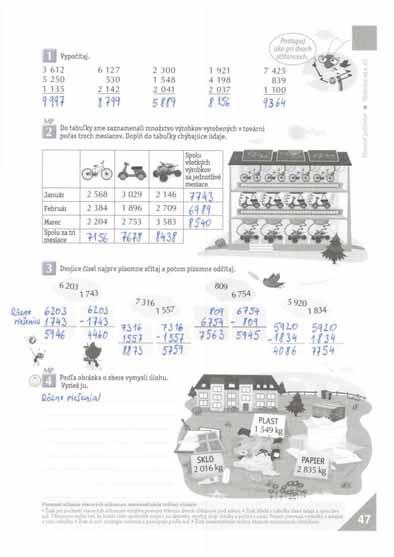 Písomné sčítanie viacerých sčítancov, matematizácia reálnej situácie Pracovný zošit, 2. časť 47.