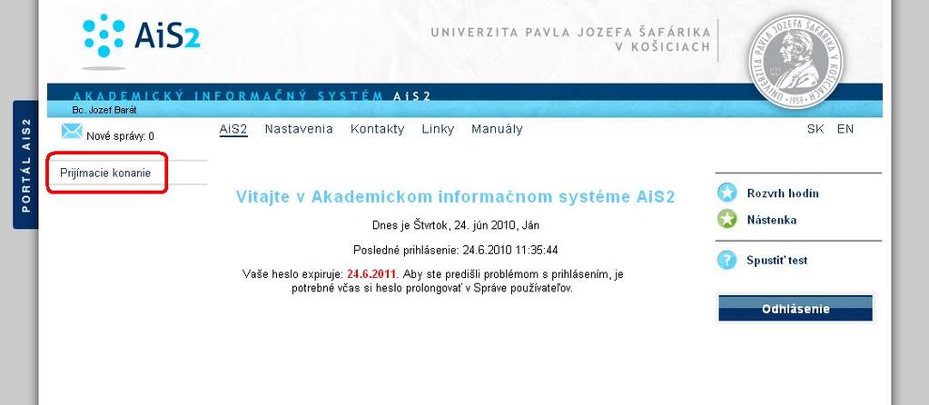 obr. 1 2 Portál - Prihlásenie Po prihlásení kliknite na linku Prijímacie konanie, ktorá otvorí ďalšie menu. obr.