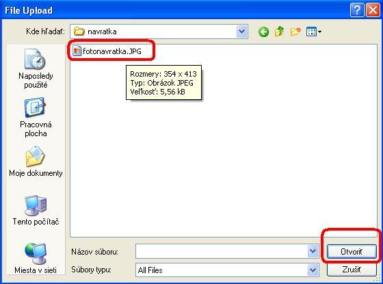 Označíte súbor, ktorý je správny. V našom prípade je to súbor ktorý sa volá fotonavratka. V popise súboru vidíte, že má Rozmery: 354 x 413 pixelov, a je typu JPG. A to je aj naša minimálna norma.