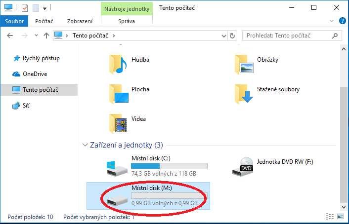 V závislosti na zvoleném písmenku je nyní v části Tento počítač vidět nový disk s tímto písmenkem. V tomto návodu je to M:.