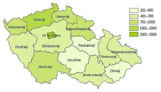 Výroční zpráva o stavu ve věcech drog v r. 2017 mapa 7-1: Počet distribuovaných jehel a stříkaček v krajích ČR v r.