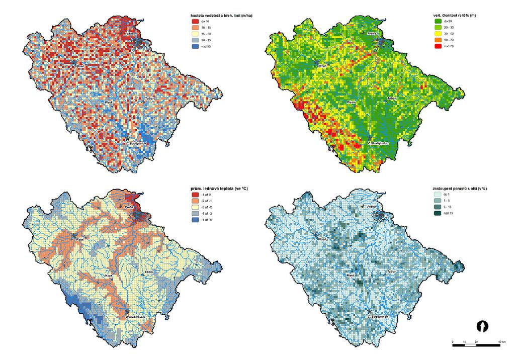 a b c d Obr. 1. Významné faktory prostředí ovlivňující distribuci P. alni na krajinné úrovni: hustota vodní sítě (a), členitost reliéfu (b), lednová teplota (c), podíl lesních výsadeb olší (d). Tab.