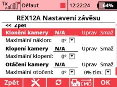 Kanály pro ladění zisku: Křidélka/Roll, výškovka/pitch, směrovka/yaw zde v případě potřeby přiřaďte proporcionální kanály ovládající zisky stabilizace v jednotlivých osách.