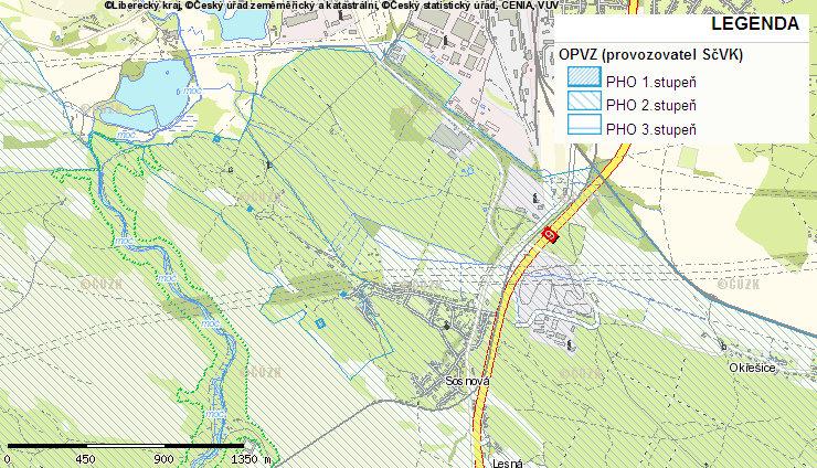 8: Ochranné pásmo vodního zdroje (zdroj:http://maps.kraj-lbc.cz/mapserv/php/maps.php) Půda Areál Grammer Automotive CZ s.r.o. je zcela zastavěné území, ostatní plochy jsou s asfaltobetonovým povrchem.