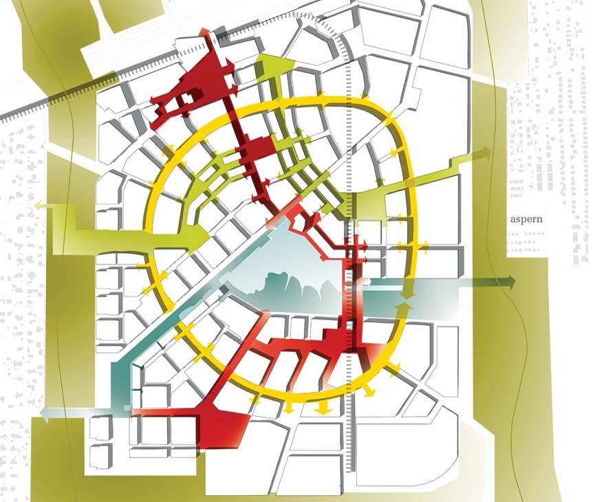 Koncepční studie veřejných prostranství - příklady Koncepce veřejných prostranství Aspern Wien Gehl architects Okružní ulice (Ringstraße): Ulice jako prostor pro život města Červená struna: Osa