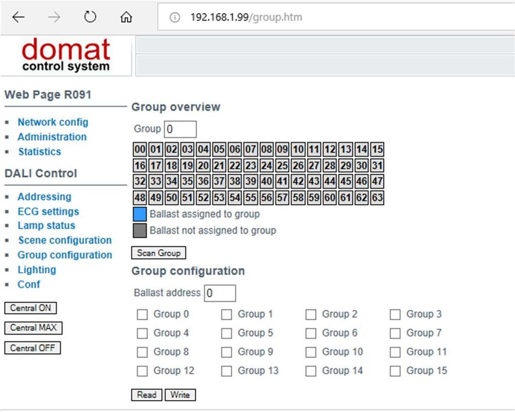 ..255 zobrazuje v procentech logaritmické stupnice, což lépe odpovádá vnímání lidského oka Write: Nastavení se uloží do předřadníku Group configuration nastavení skupin Group: zadání skupiny, jejíž