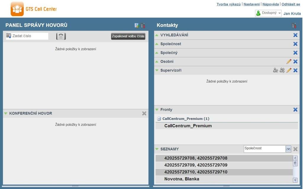 Úkony operátora Rozhraní call centra Hlavní rozhraní call centra nabízí tyto prvky: Oblast globálních zpráv Nachází se vpravo od názvu Call centra. Zobrazuje zprávy určené uživateli.