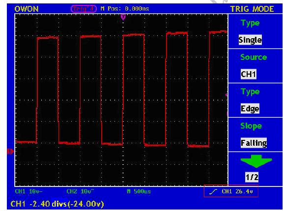 Stiskněte TRIG MENU, abyste aktivovali trigger menu. Stiskněte F1 a vyberte jako typ Single. Stiskněte F2 a vyberte jako zdroj CH1. Stiskněte F3 a vyberte typ Edge.