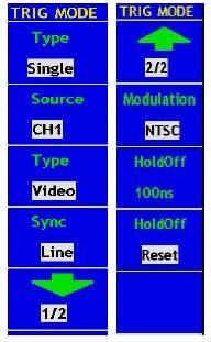 31 Tvar vlny, když je spouštění na sestupné hraně v módu single Video Spouštění Takto vypadá Video Trigger menu v módu Single Trigger.