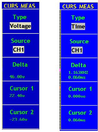 Obrázek 59 CURS MEAS Menu Funkce Nastavení Popis Type OFF Voltage Time Vypne kursorová měření.