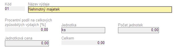 - Sloupec Podíl na CZV v % (automatické doplnění) - Jednotka (textové pole) Doplnění ze strany ţadatele. - Počet jednotek Doplnění ze strany ţadatele. - Jednotková cena Doplnění ze strany ţadatele.