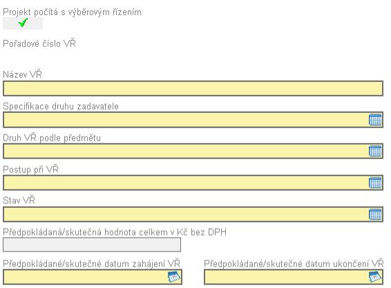 Obrázek 63: Záloţka Výběrová řízení - Projekt počítá s výběrovým řízením (automatické doplnění) Vyplnění na základě zaškrtávacího boxu na záloţce Projekt.