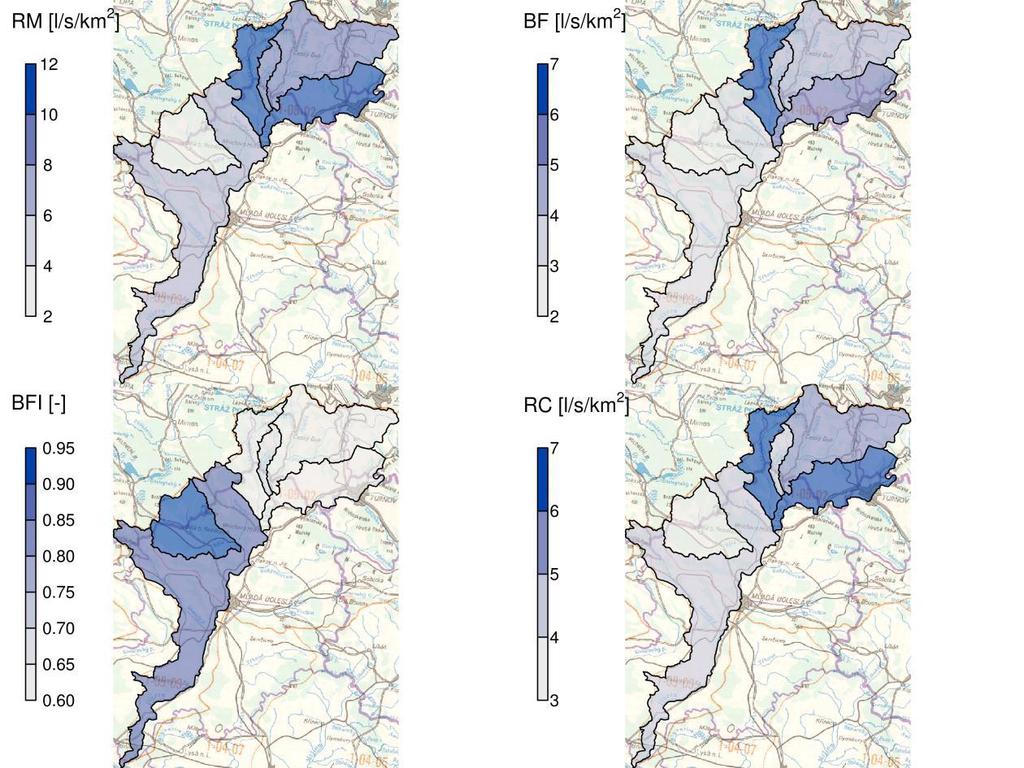 Obr. 6-25. Přehled prostorového rozložení průměrného ročního modelovaného odtoku (RM), základního odtoku (BF), BFI a dotace podzemních vod (RC) pro období 1981 2010.