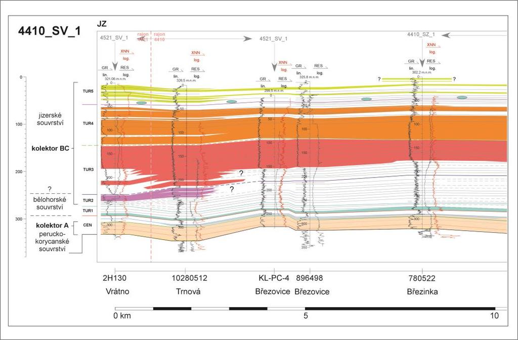 Obr. 4-3. Stratigrafický korelační řez 4410_SV1 znázorňující anomální vývoj písčitých těles v sekvencích TUR 2 (bělohorské souvrství) a TUR 3 (báze jizerského souvrství).