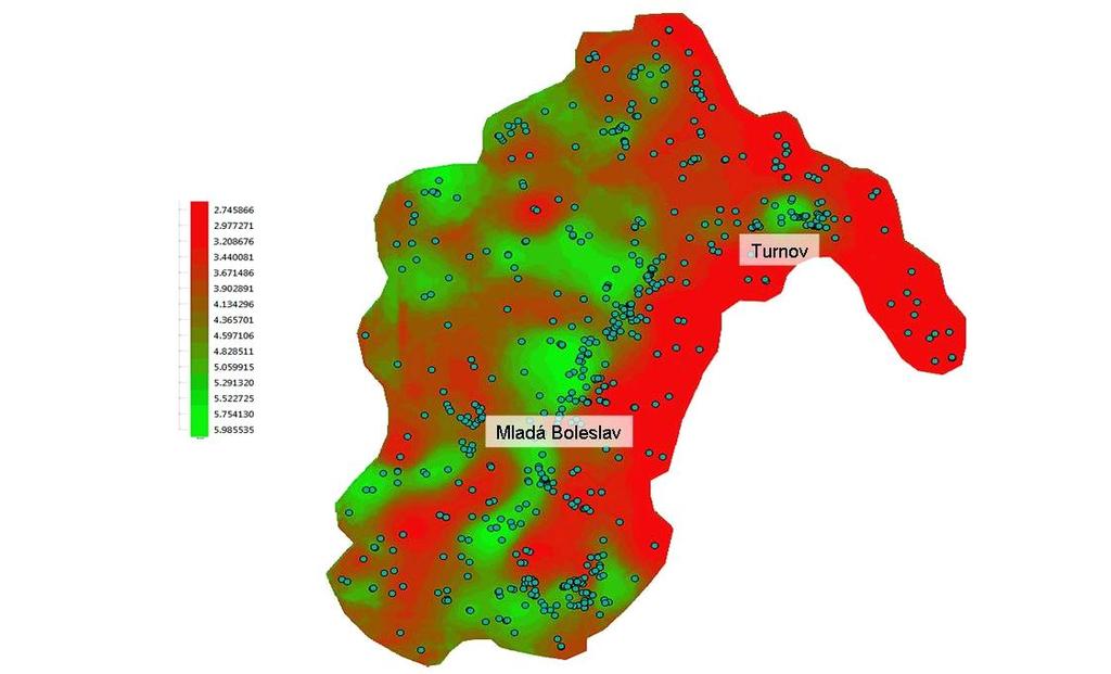 Na mnoha místech lze lokálně najít vysoké hodnoty indexu Y v místech maximálních mocností kvádrů a také vysoké Y v místech minimální mocnosti kvádrů, což v druhém případě svědčí o vlivu puklinové