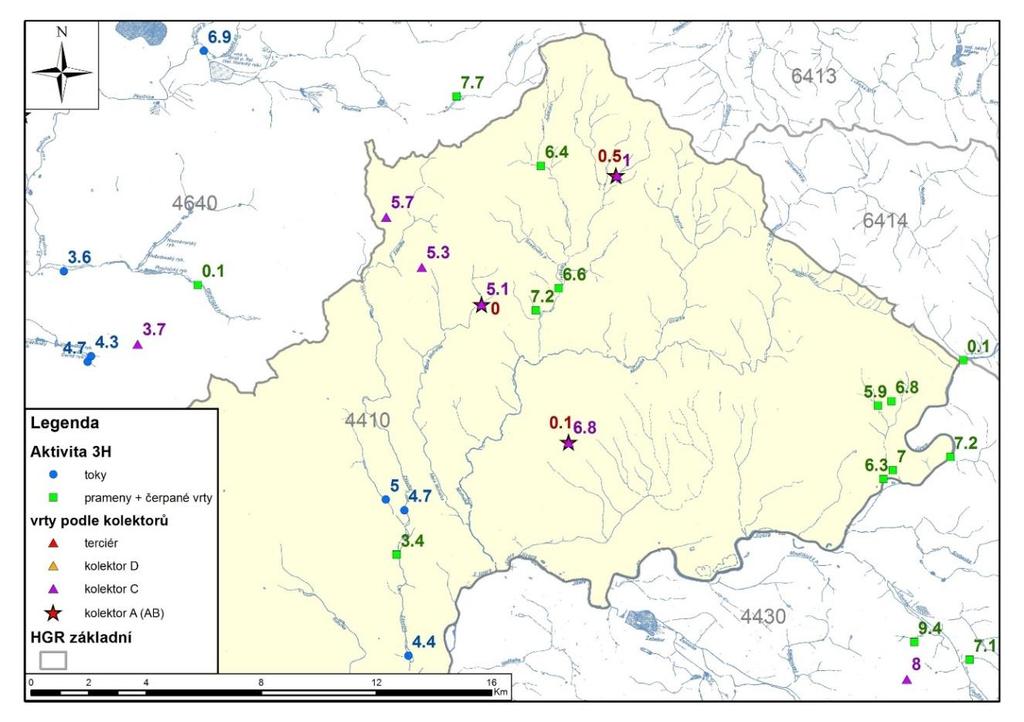 Obr. 4-62.Aktivita tritia v pramenech, tocích a vrtech v severní části rajonu 4410.